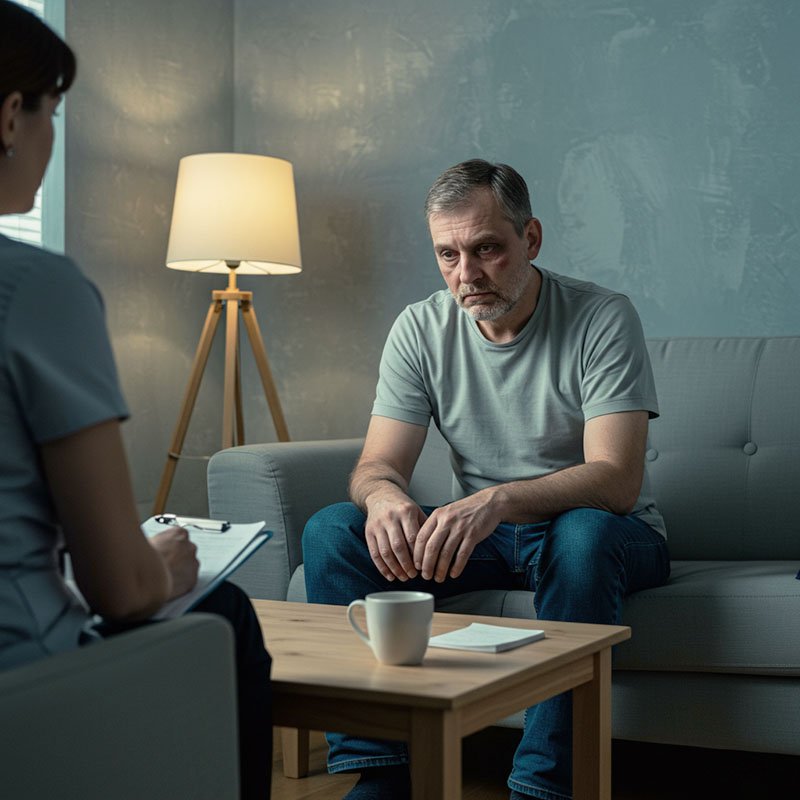 Мужчина грустно смотрит вниз